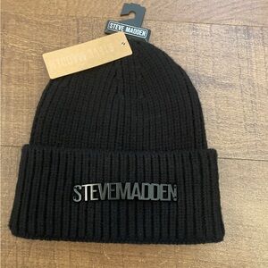 Steve Madden Black Ribbed Beanie w/ Front Logo Decal New w/ Tags